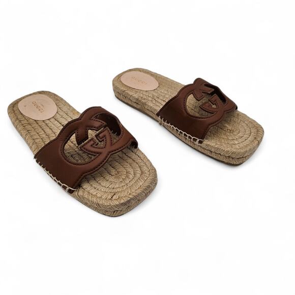 Gucci GG Espadrille Flat Slide Sandal Brown Leather Square Toe Size 37.5 US 7.5 - Picture 2 of 10